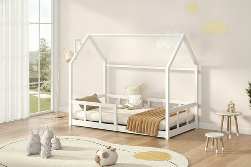 White wooden house bed frame - house,