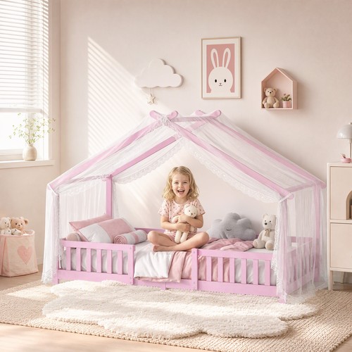 Wooden kids house single bed - house,